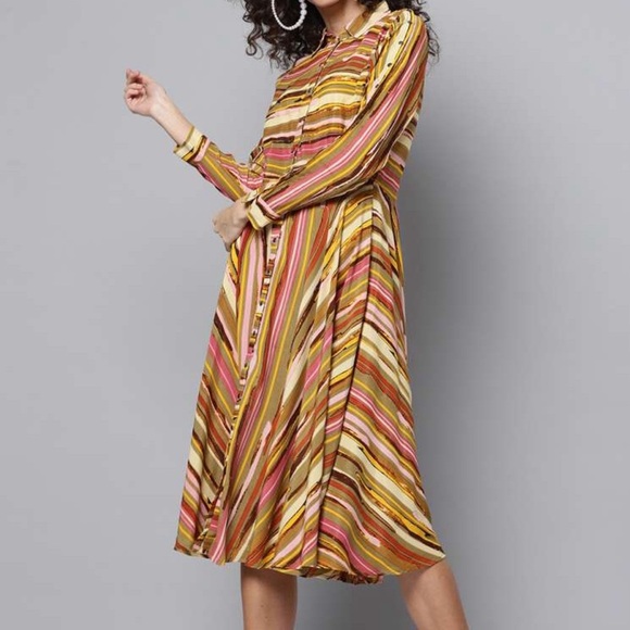 Label Ritu Kumar 100% viscose marine stripe multi spring snap down dress midi - Picture 3 of 9